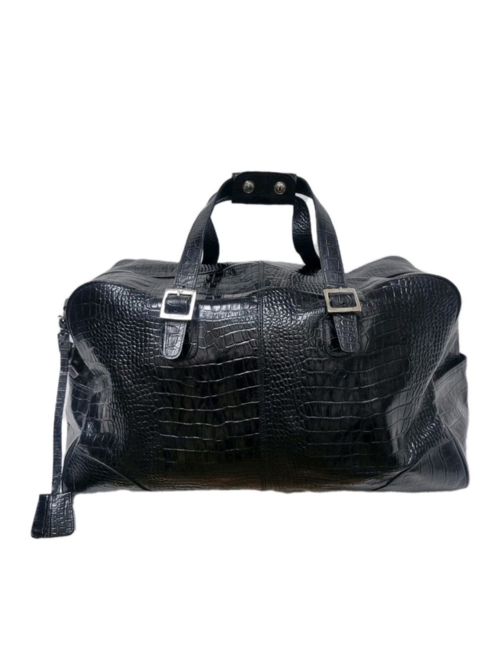 Express Black Leather Crocodile Embossed Duffel Bag Featuring Silver Hardware